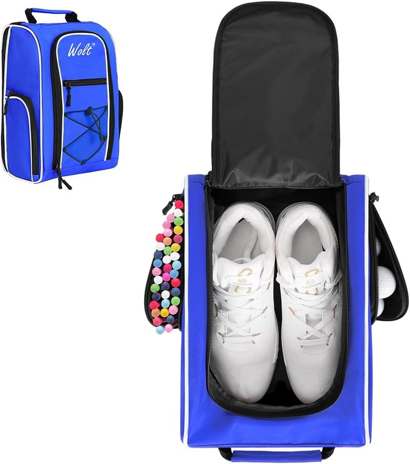 WOLT | Golf Shoe Bag for Travel- Zippered Shoes Carrier Bags with Ventilation & Double Outside Accessory Pocket for Socks, Tees, Golf Balls, etc. for women and men (Blue) - Image 1